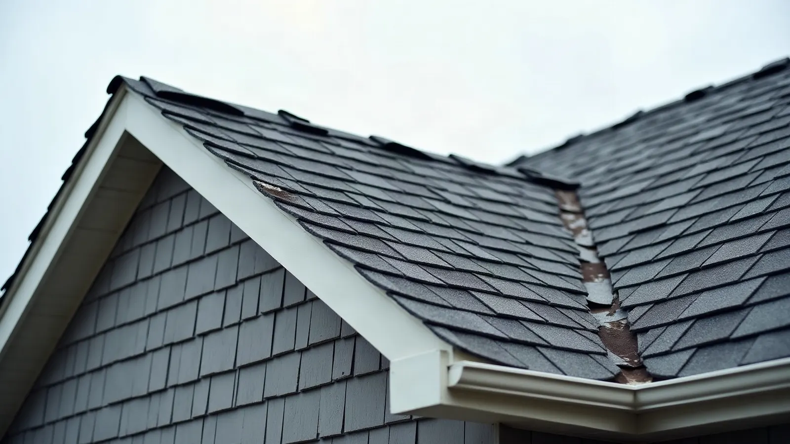 Roof edge showing new architectural shingles next to aged, lifting shingles