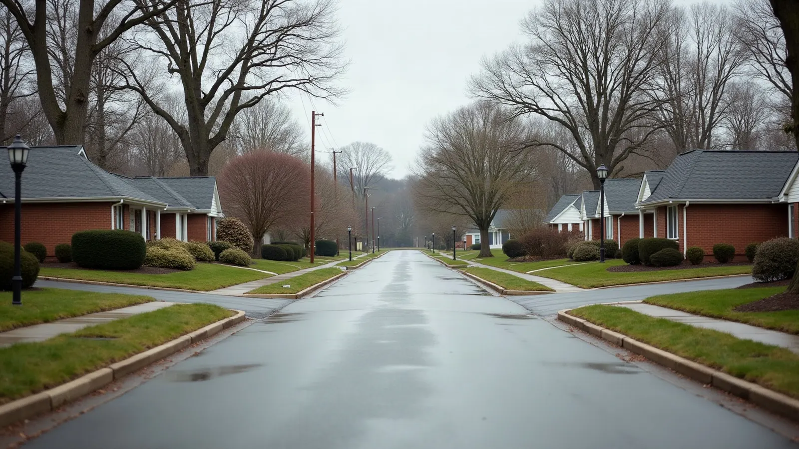 Residential street of brick ranch homes with dark shingle roofs under an overcast sky
