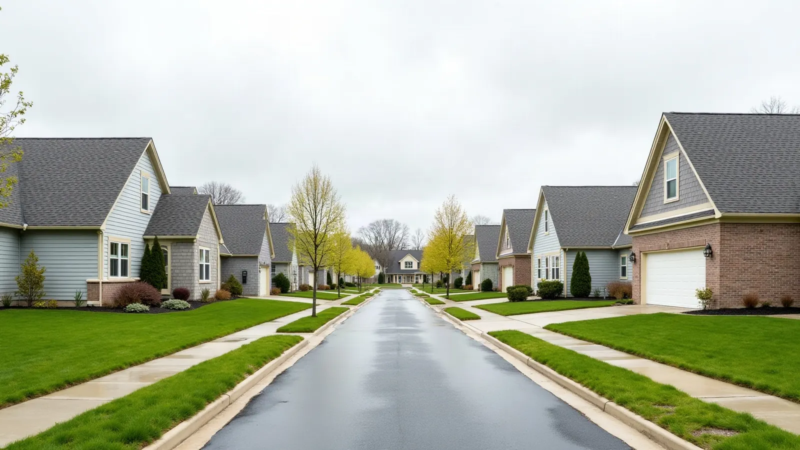 Cul-de-sac of split-level and two-story homes with gray shingle roofs in spring